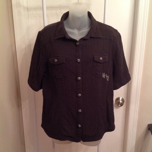 Women's Harley Davidson Skull Embroidered Cropped Button Down Oversized Shirt XL - Picture 1 of 13